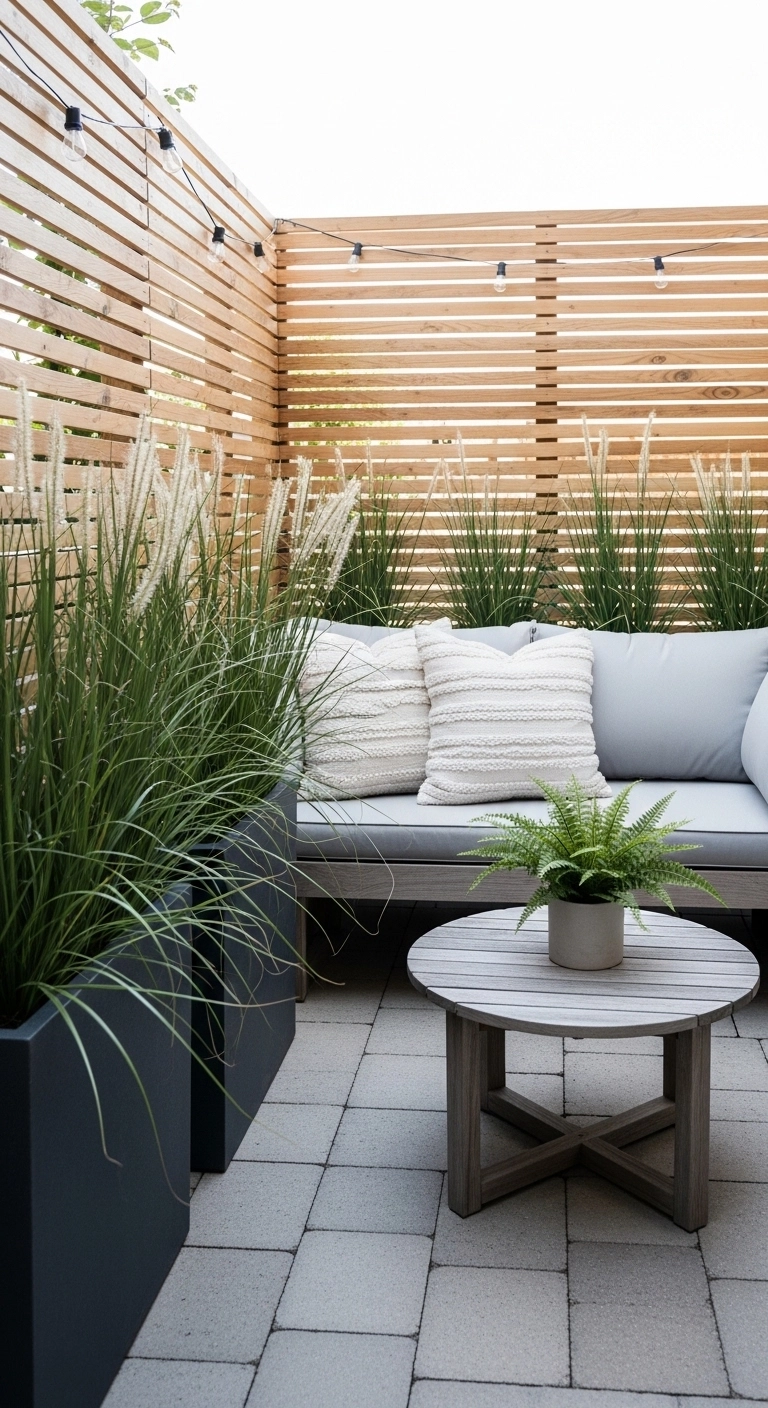 Tiny patio ideas with privacy screens and tall plants for comfort