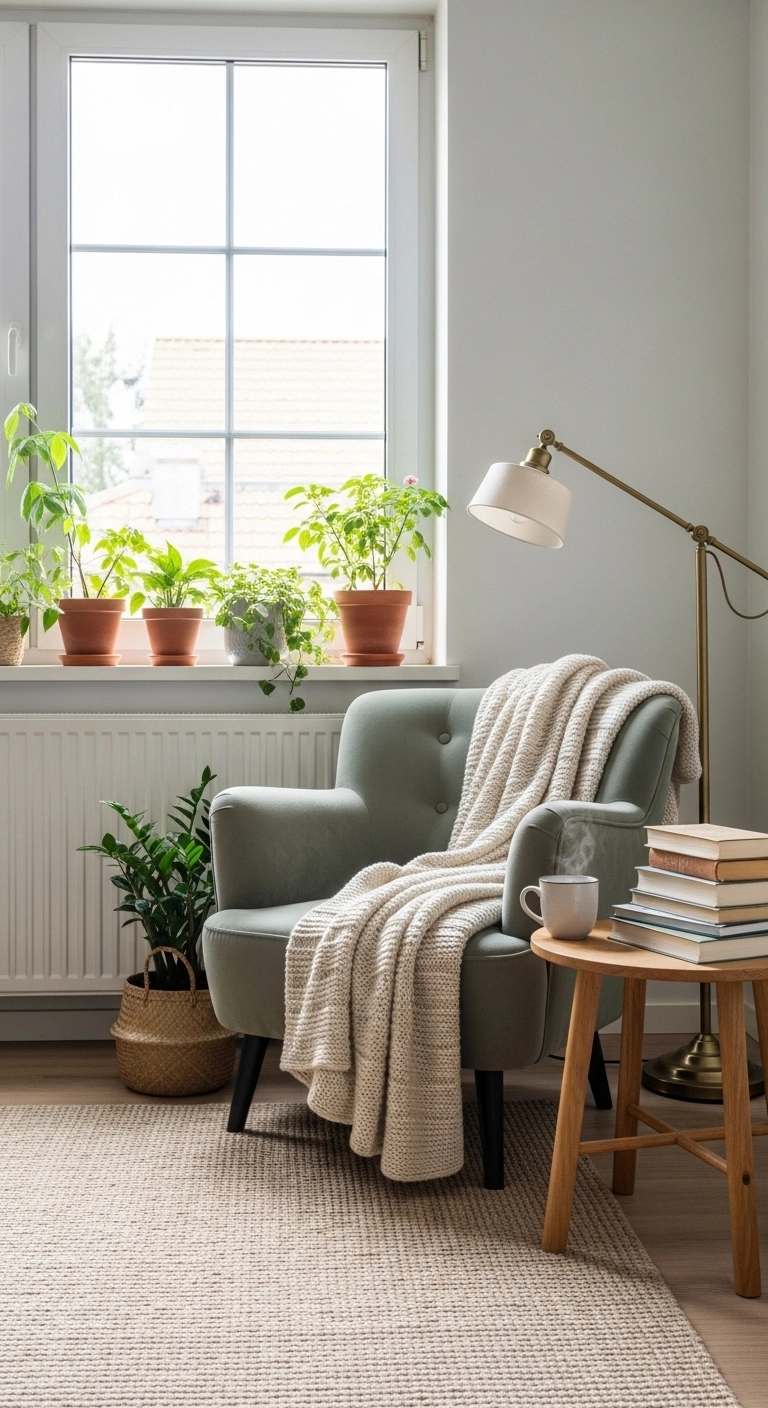 Cozy living room design with comfortable reading corner chair and warm lighting.