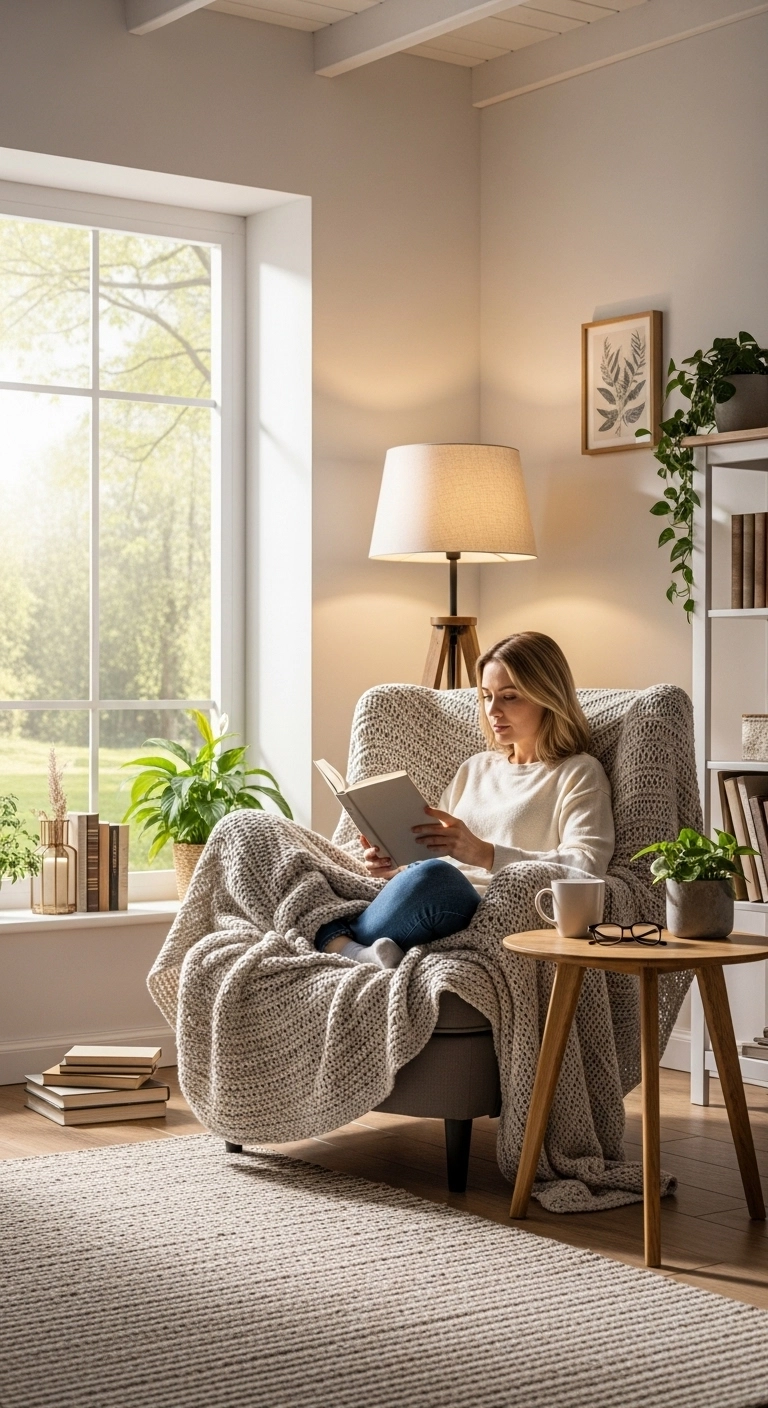 Interior design living room with cozy reading corner chair and floor lamp.