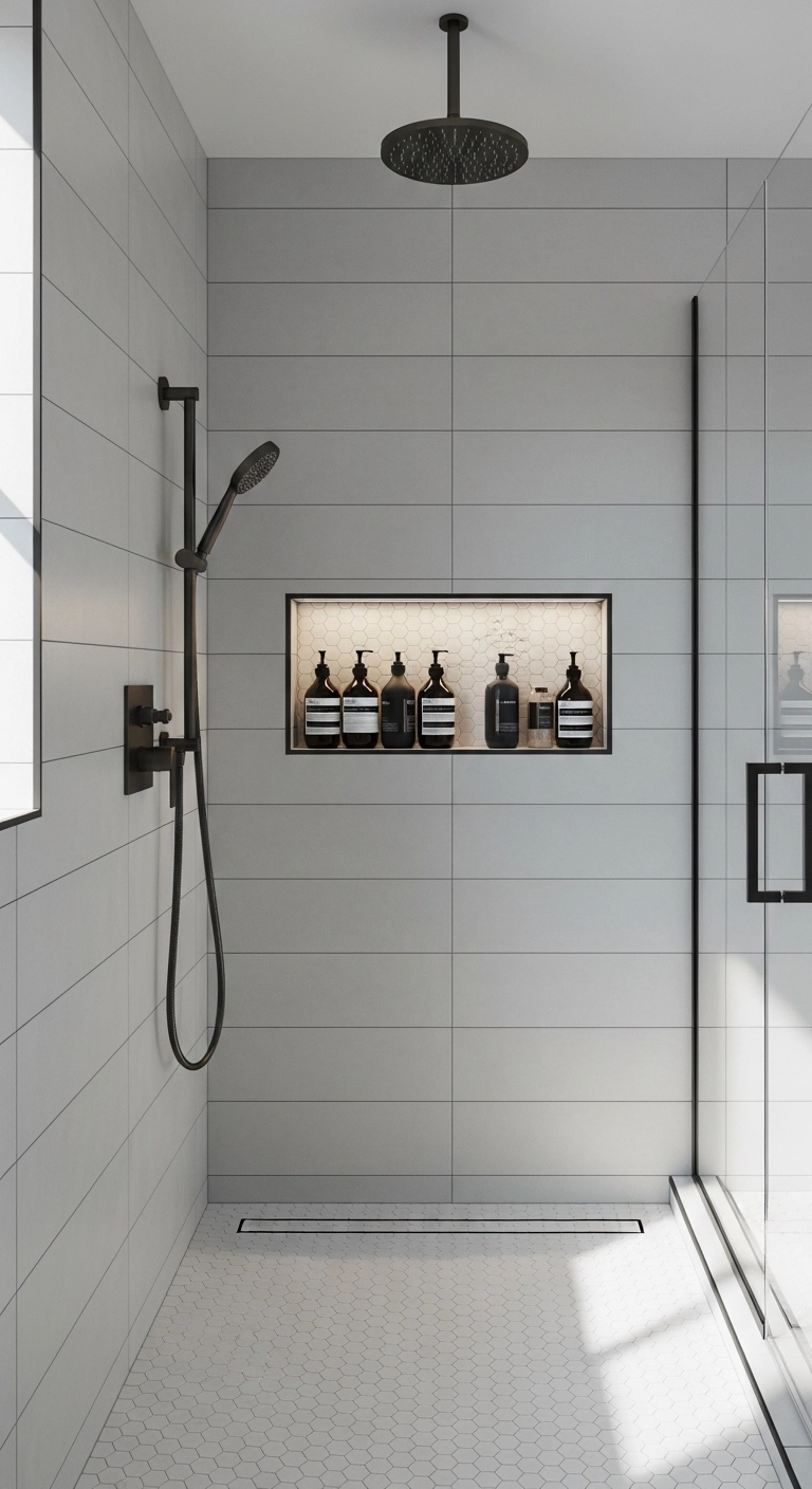 small bathroom ideas with recessed shower niche storage