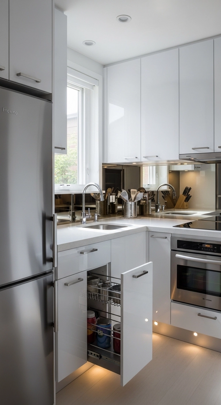 Small kitchen ideas with reflective surfaces making space look bigger.