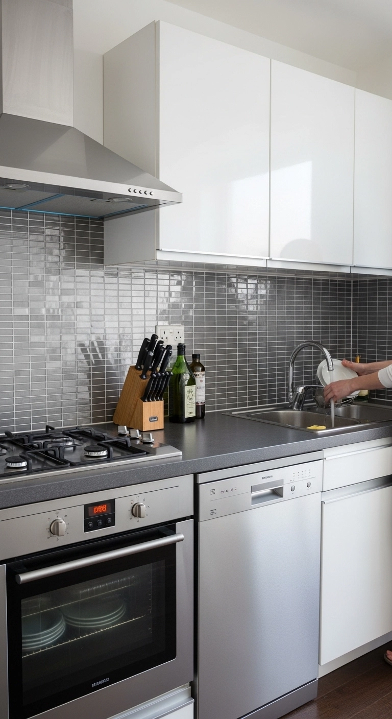 Tiny kitchen ideas using reflective surfaces to brighten a small kitchen.