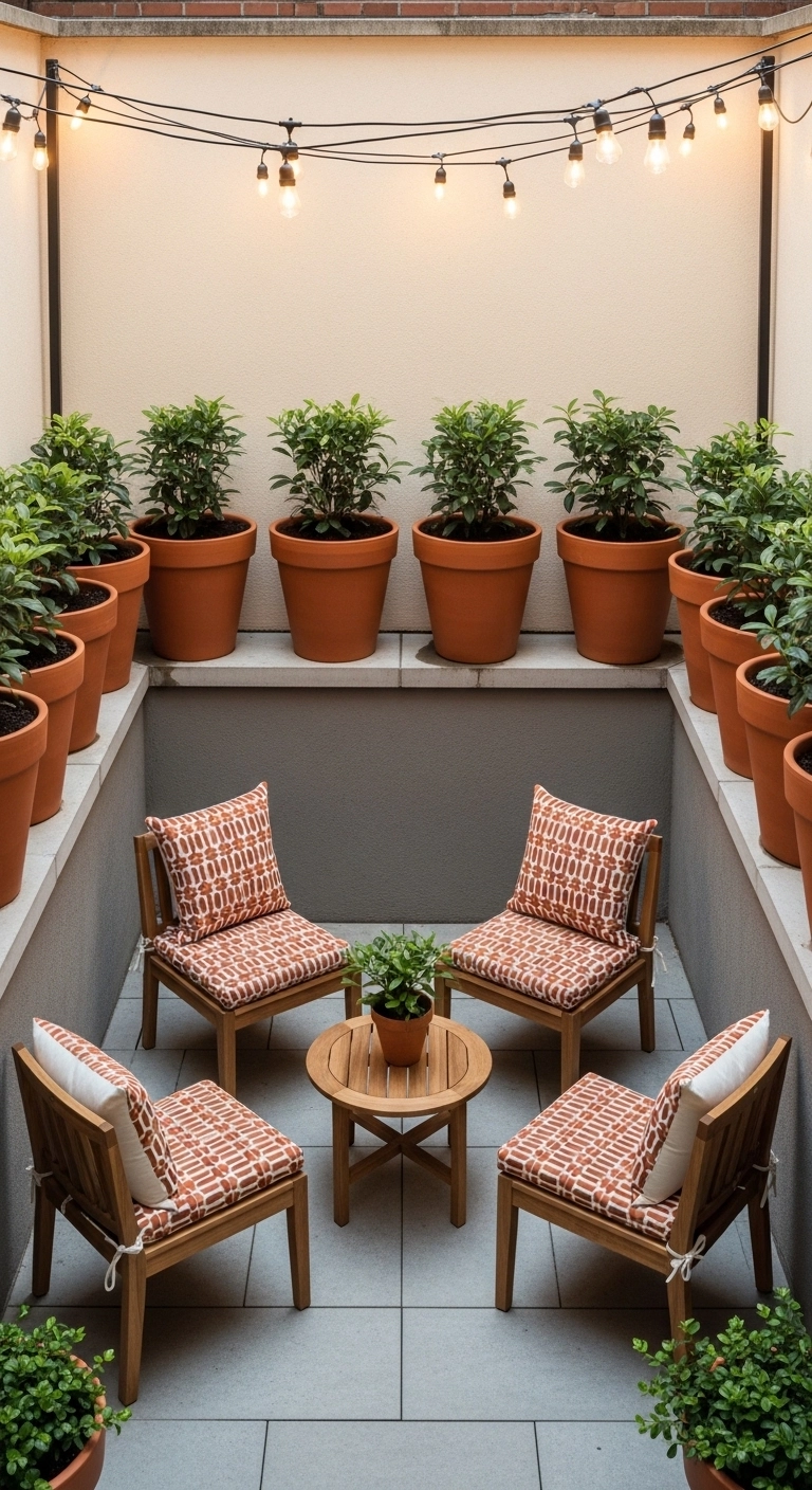 Tiny patio ideas using repeated colors and planters for a bigger feel