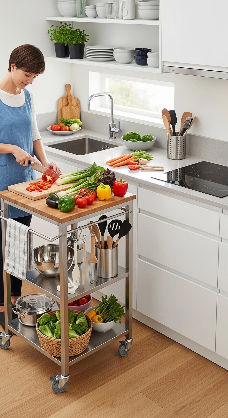 Tiny kitchen ideas with a rolling cart used for extra prep space.
