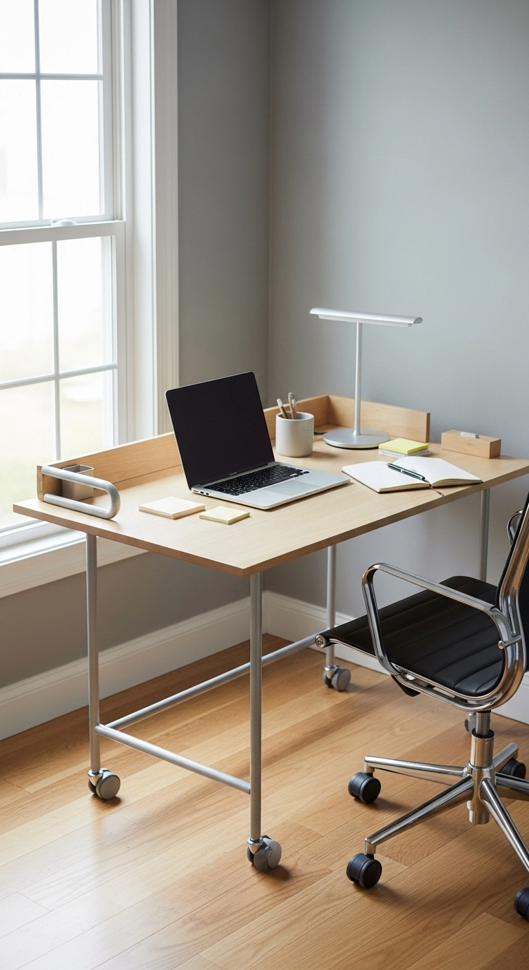 Small home office with rolling desk cart, laptop, chair, and natural light