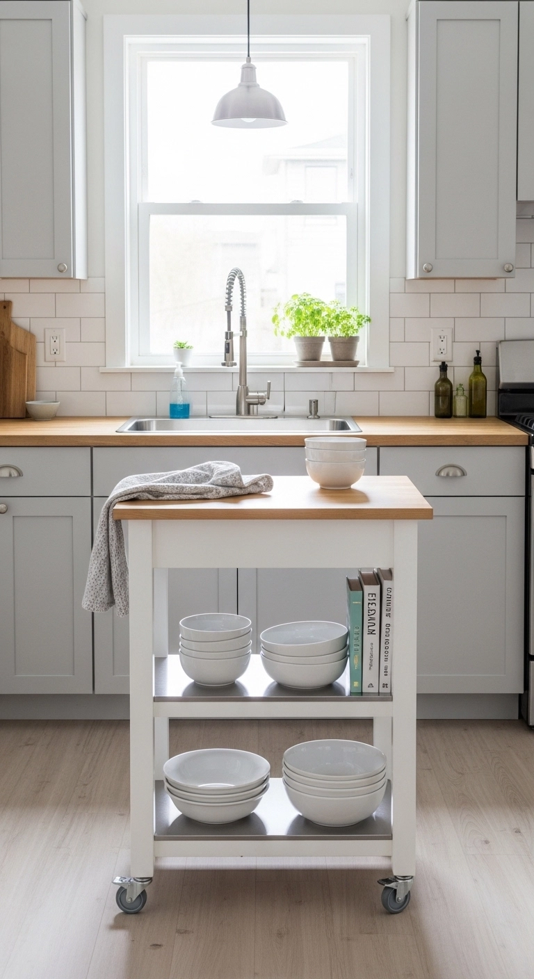 Small kitchen ideas with rolling island for extra workspace.
