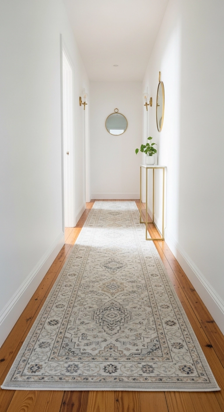 Tiny hallway ideas with a runner rug that makes a narrow hall feel longer