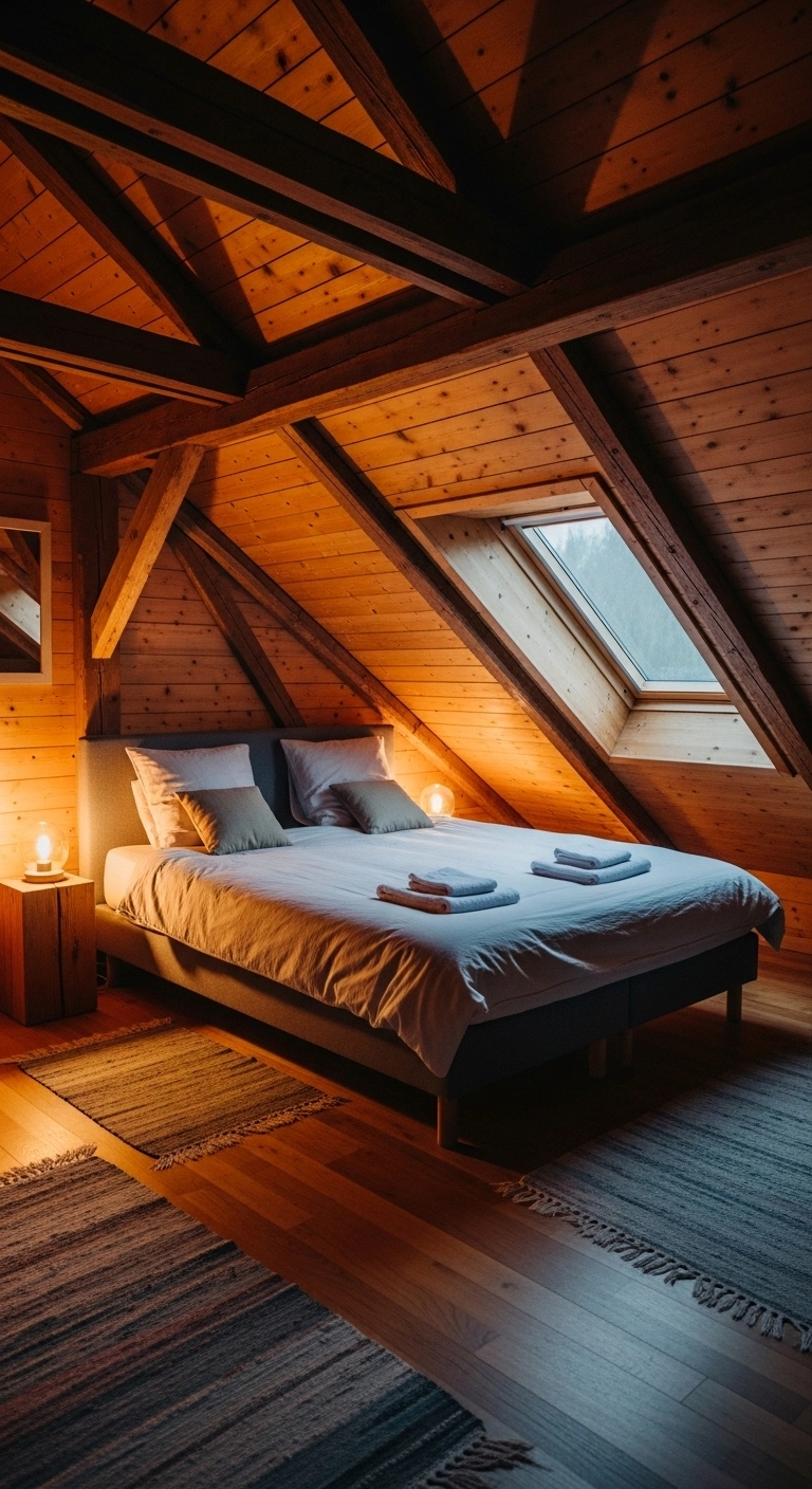 Rustic attic bedroom with exposed wooden beams, warm bedding, angled ceilings, and soft natural light