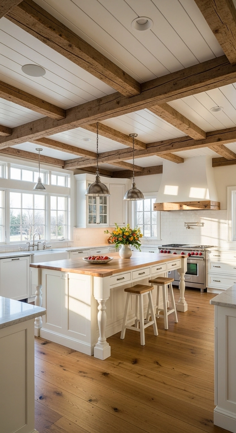 Farmhouse kitchen with exposed wood ceiling beams and bright natural lighting showing rustic farmhouse kitchen ideas.