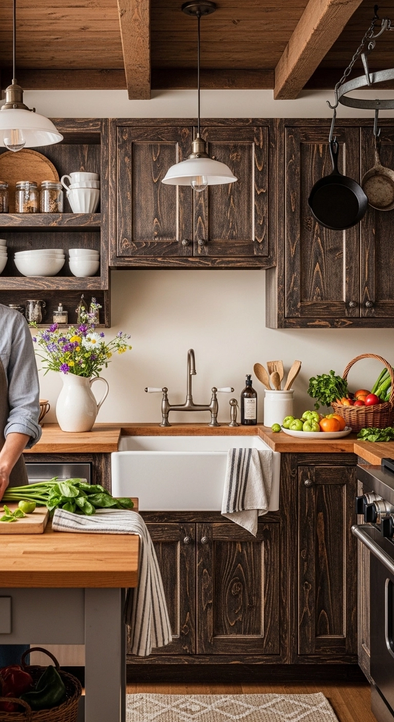 Rustic farmhouse kitchen with dark wood cabinets representing rustic dark wood kitchen cabinets ideas.