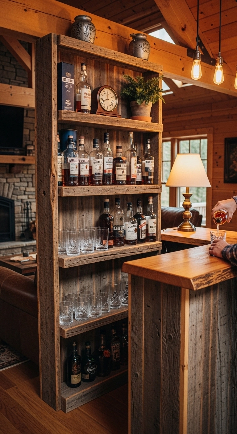 Rustic wooden bar setup showing warm and cozy mini bar ideas.