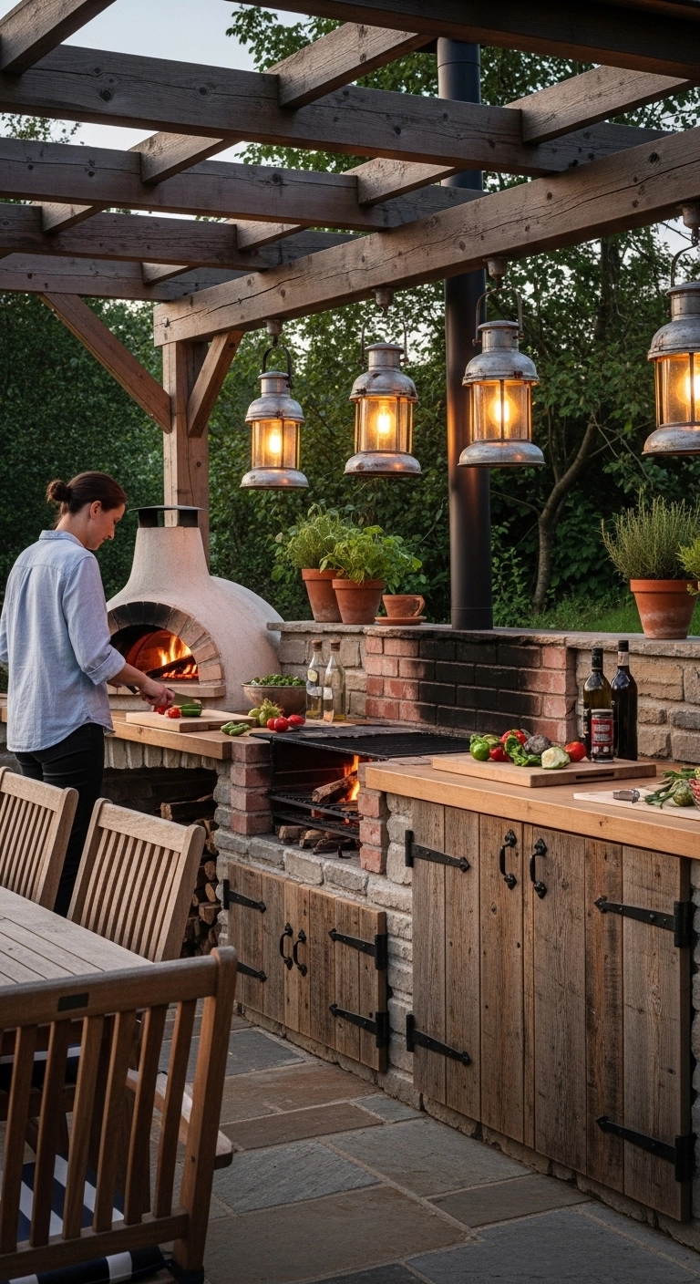 Rustic farmhouse outdoor kitchen with wood and brick showcasing cozy outdoor kitchen ideas.