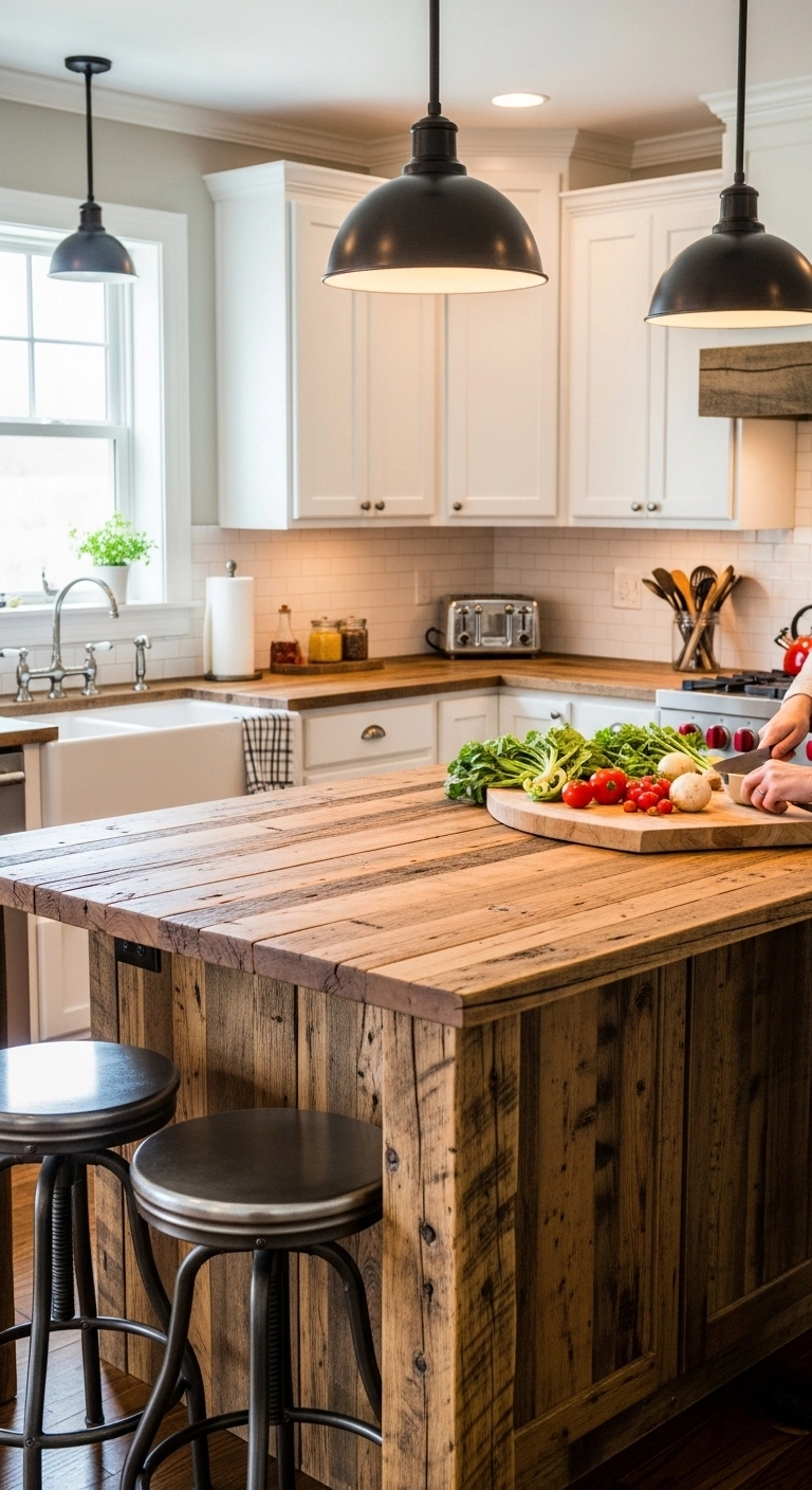 Rustic reclaimed wood kitchen island in a farmhouse kitchen showcasing warm kitchen island ideas.