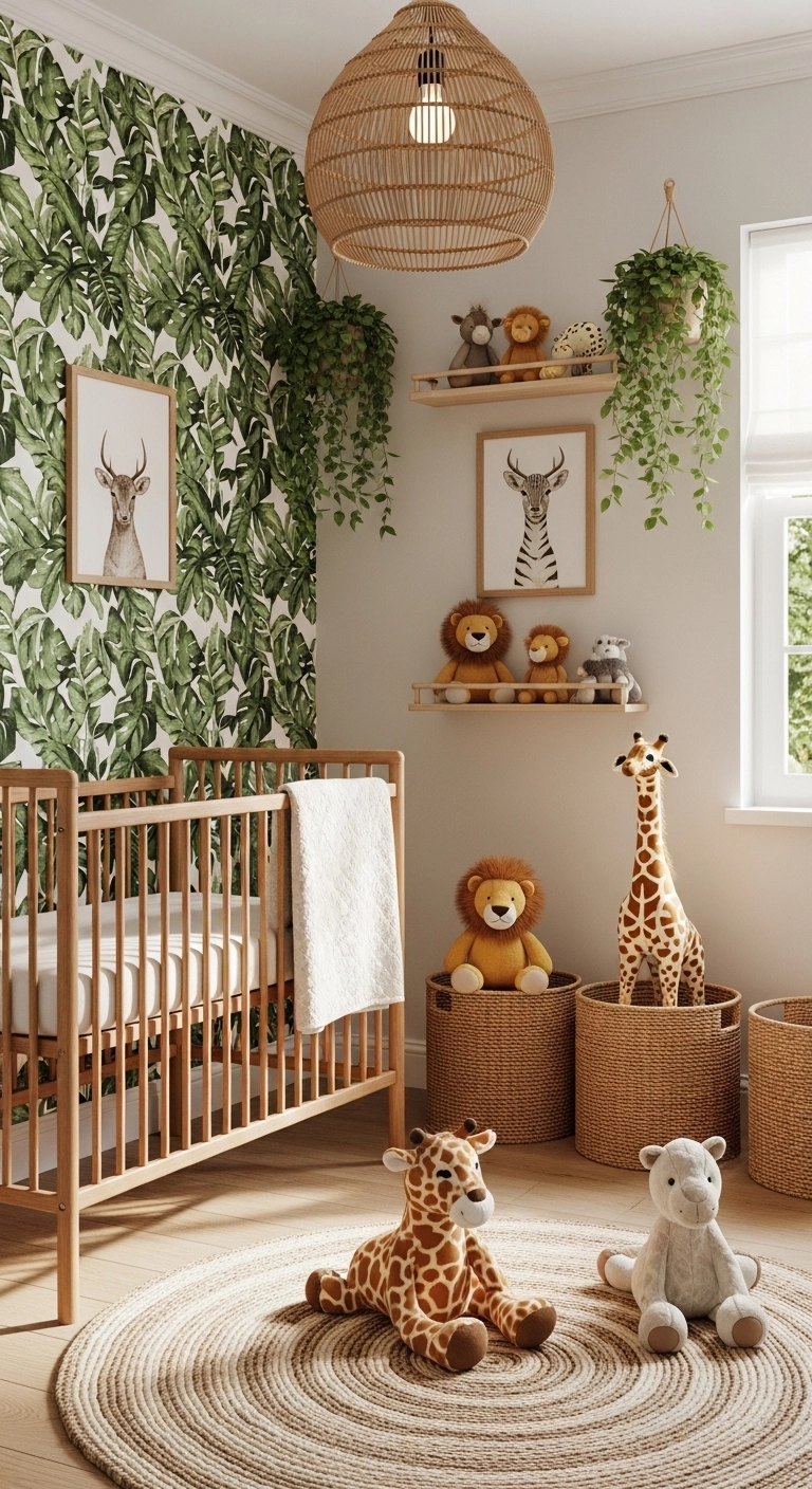 safari jungle baby nursery ideas for boys with giraffe wall art jungle leaf wallpaper and bamboo crib