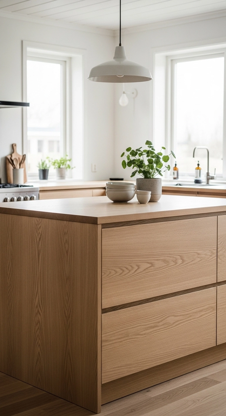 Minimalist Scandinavian kitchen island with light wood cabinets representing simple kitchen island ideas.