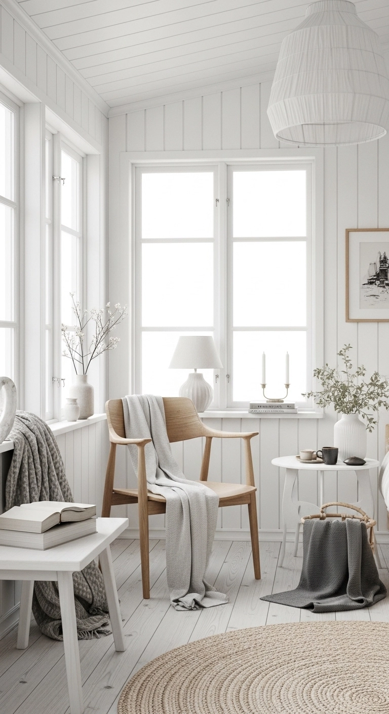 Scandinavian sun room ideas with light wood and soft neutral tones