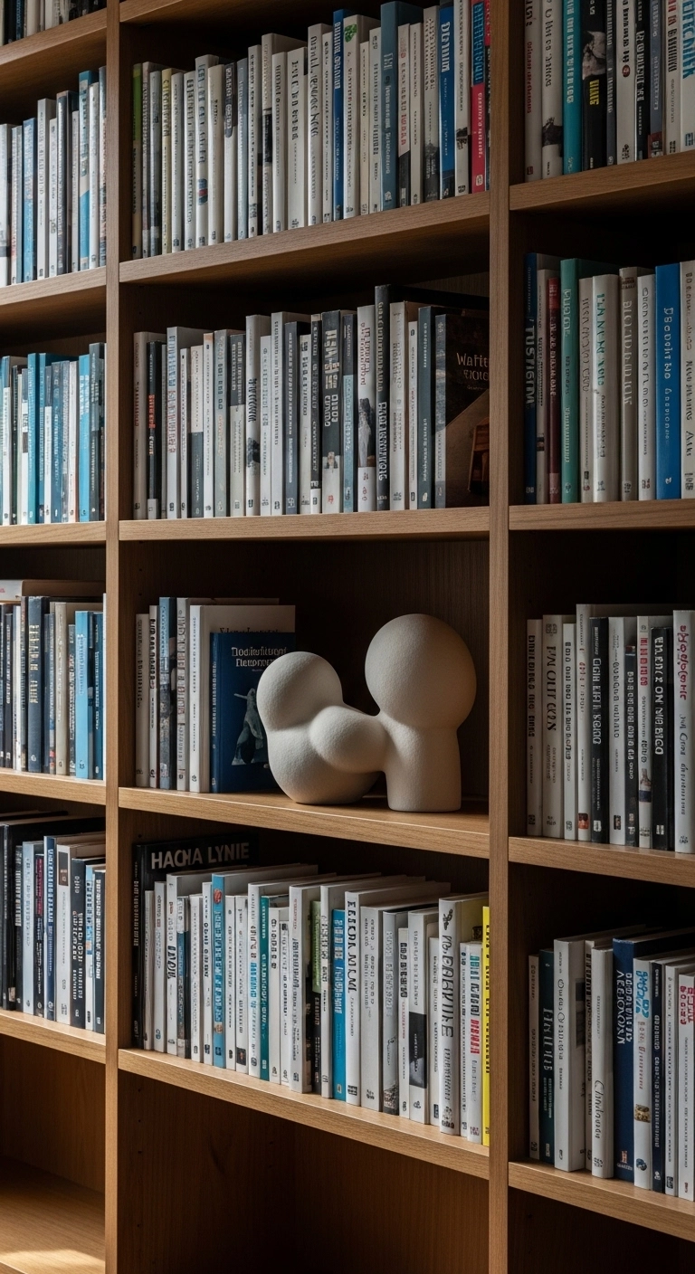 Bookshelf decor ideas with sculptural ceramic accent