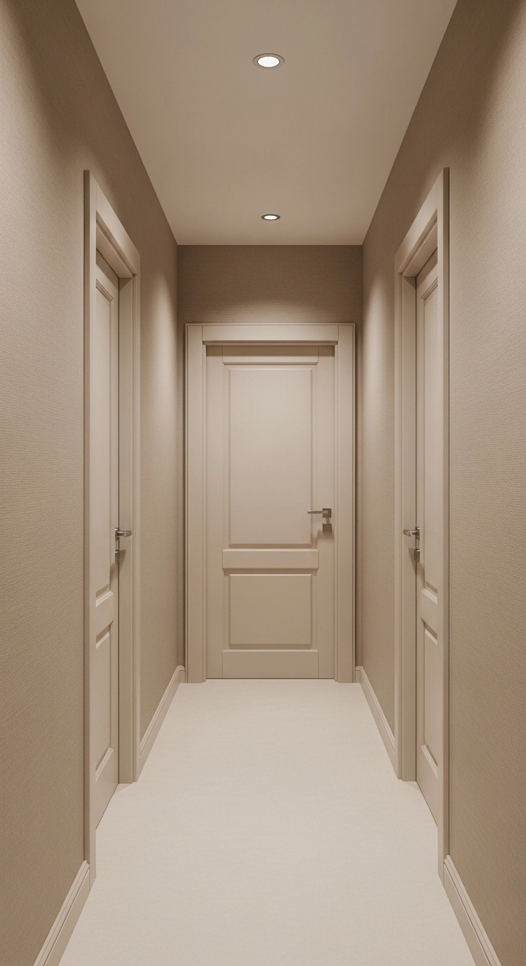 Tiny hallway ideas with doors and trim painted to match the walls