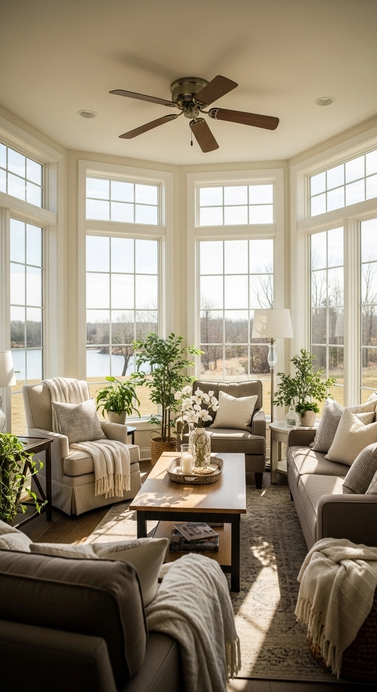 Seasonal sun room ideas with cozy adaptable decor for all weather