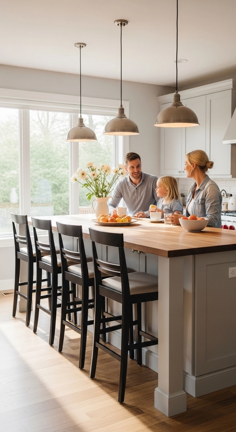 Family sitting at a kitchen island with stools showing welcoming kitchen island ideas for seating.