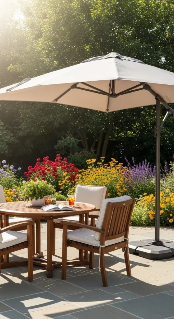 Large patio umbrella providing shade in practical outdoor patio ideas.