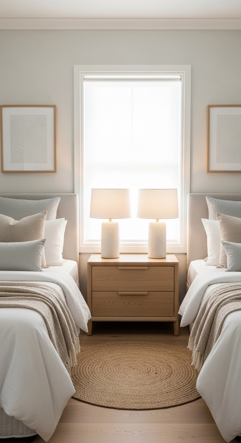 twin bedroom ideas with shared nightstand between beds