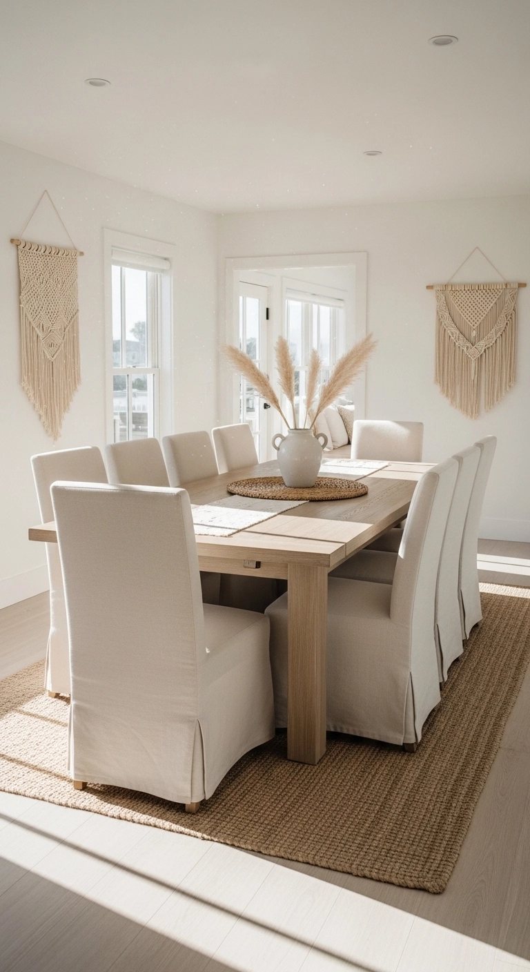Simple and airy beach house dining room with light wood table and minimal coastal décor.