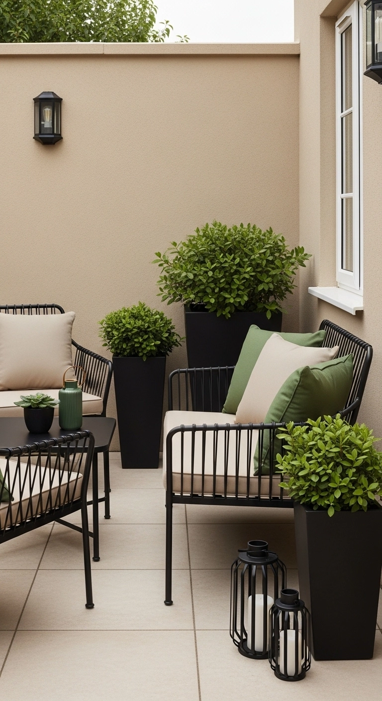 Tiny patio ideas with a simple color palette and cohesive decor