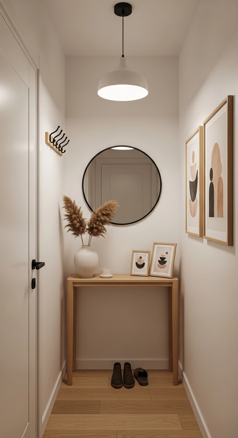 Tiny hallway ideas with a simple neutral color palette and calm decor