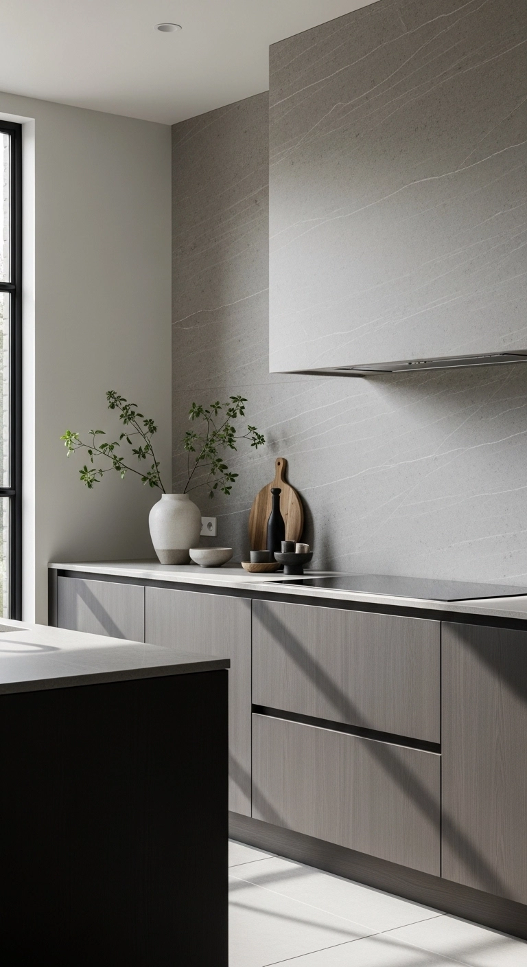 modern kitchen design with slab backsplash and flat-front cabinets