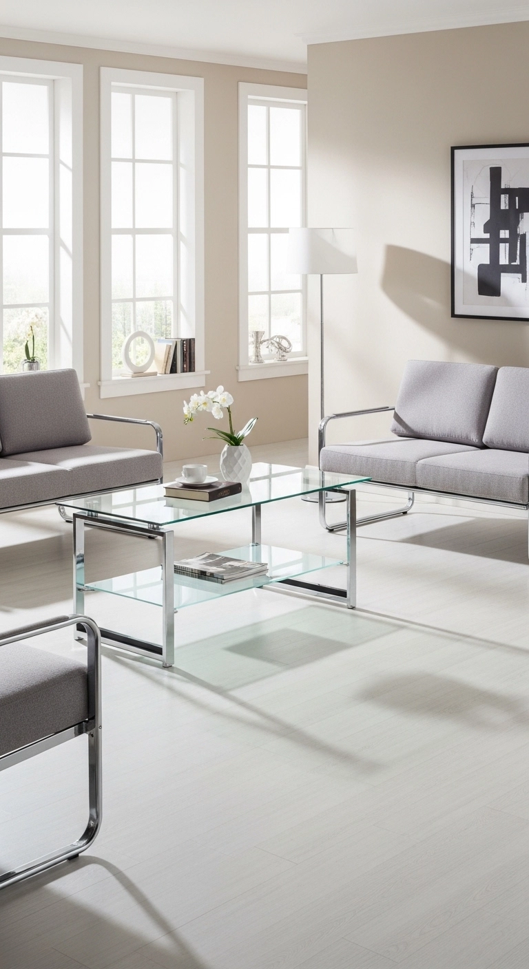 TV Table Ideas with a glass TV table in a sleek contemporary living room