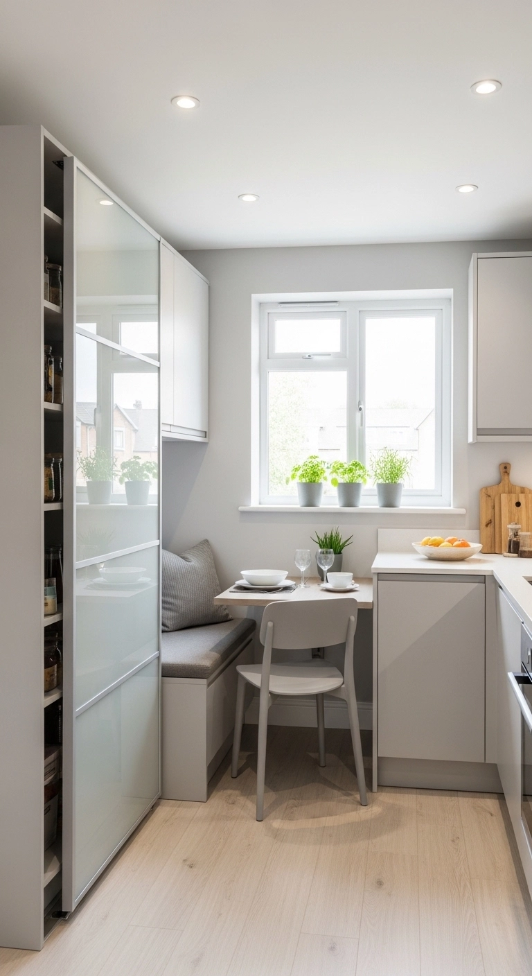 Small kitchen ideas with sliding doors saving space.