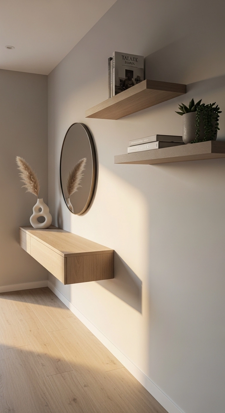 Tiny hallway ideas with slim floating furniture and open floor space