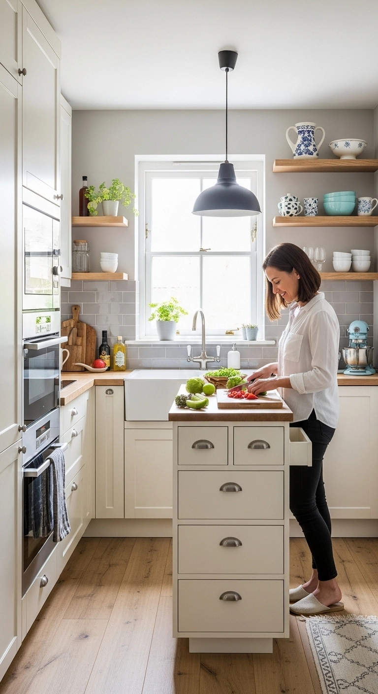 Tiny kitchen ideas with a slim kitchen island providing prep space in a small kitchen.
