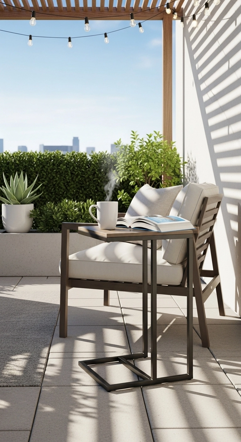 Tiny patio ideas with a slim side table beside outdoor seating