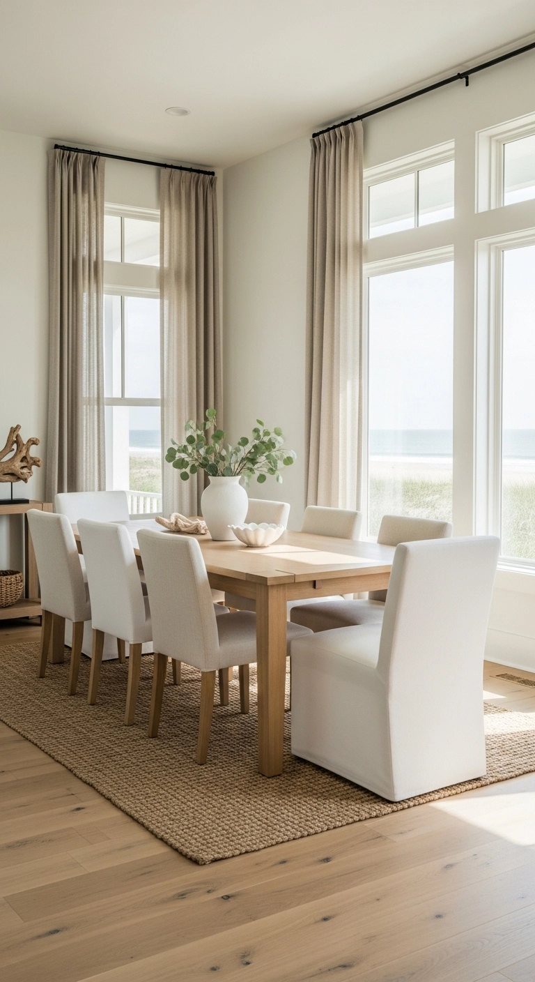 Beach house dining room with white slipcovered chairs and a light wood table for casual coastal comfort.