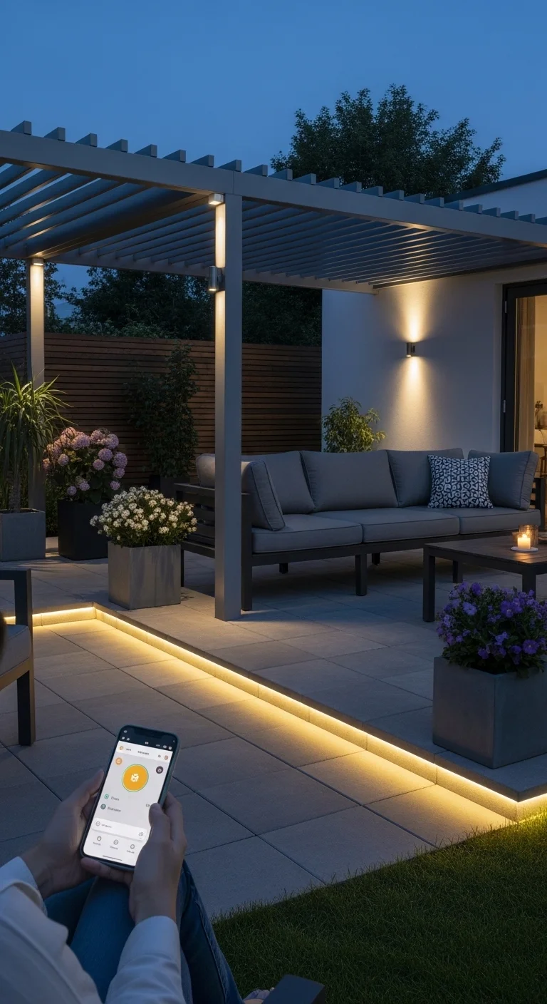 Smart lighting system controlled by smartphone in modern outdoor patio ideas.