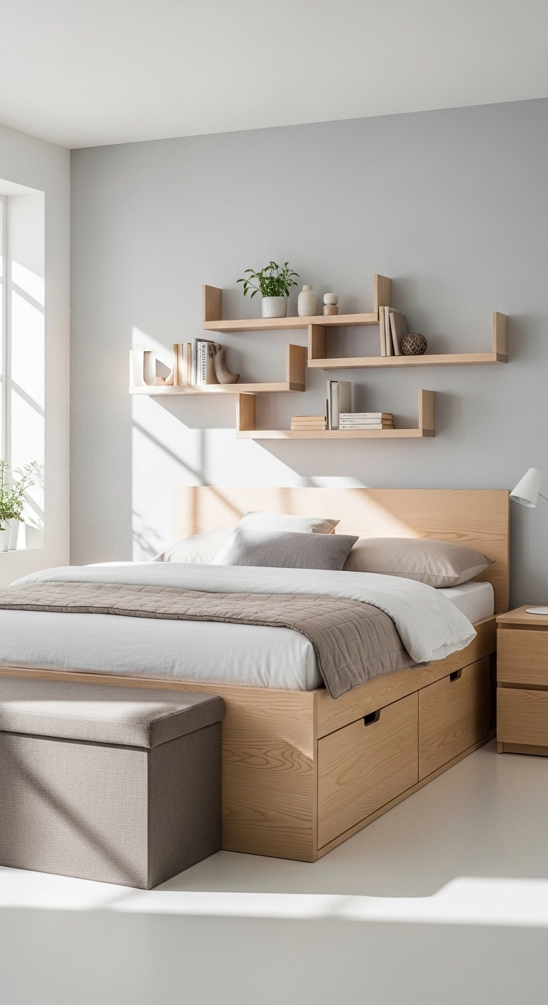 Bedroom interior featuring smart storage solutions like drawers, floating shelves, and ottoman.