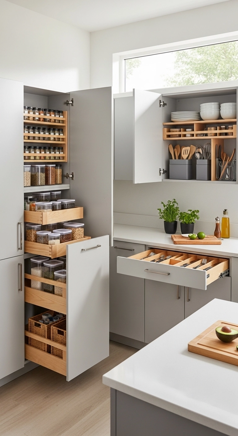 Modern kitchen showing smart storage kitchen cabinets ideas with pull-out pantry drawers and organized compartments.