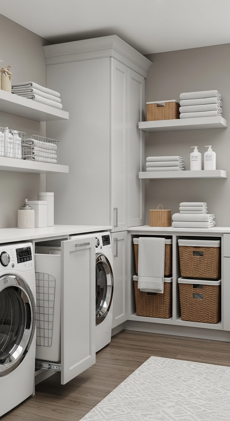 Modern laundry room ideas with smart storage, pull-out hampers, wall-mounted cabinets, and neatly organized shelves
