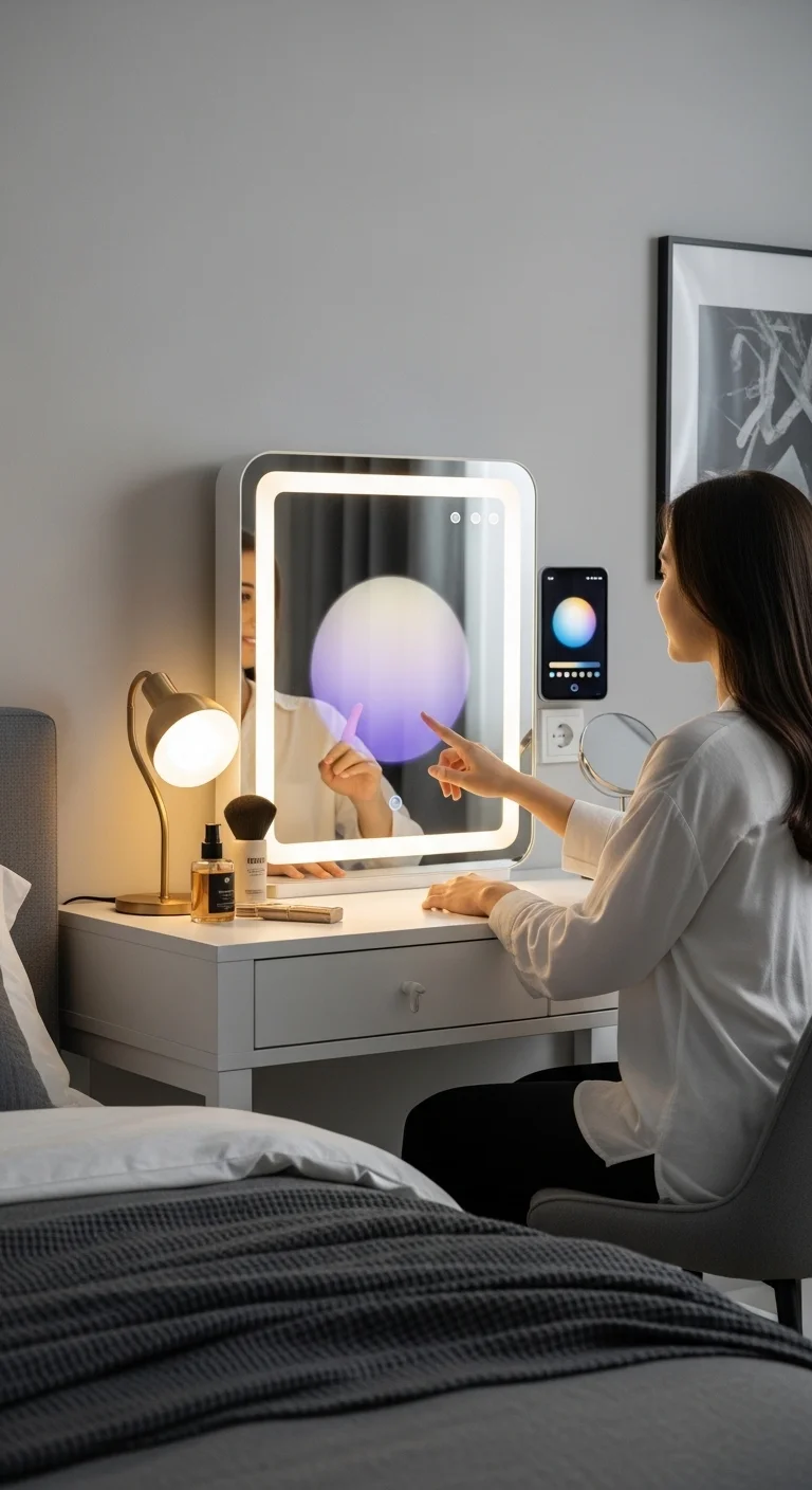 Smart bedroom vanity ideas with touchscreen mirror and modern tech setup in a stylish bedroom