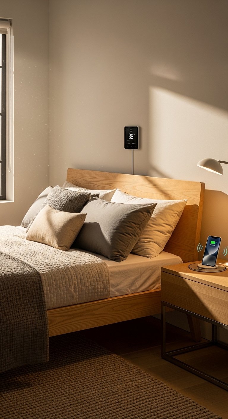 Bedroom interior with smart tech integration including smart lights and charging station.