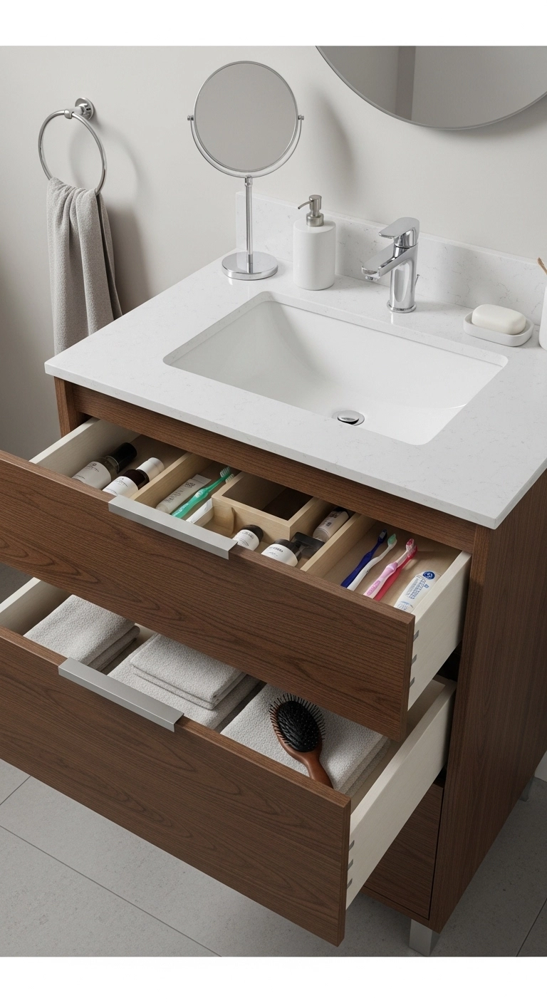 small bathroom ideas with organized vanity drawer storage