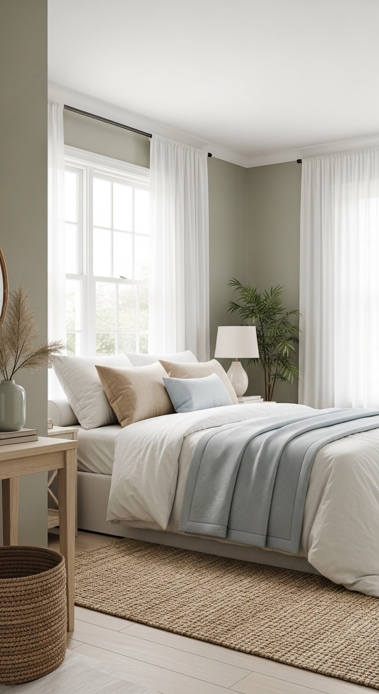 Beach bedroom ideas with soft white bedding, sandy beige tones, light blue accents, and natural sunlight creating a calm coastal vibe