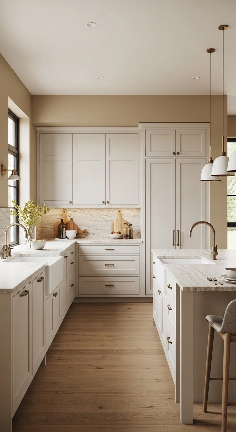 modern kitchen design in soft neutral tones with stone counters