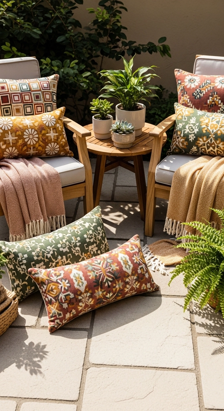 Tiny patio ideas with soft outdoor textiles and layered cushions