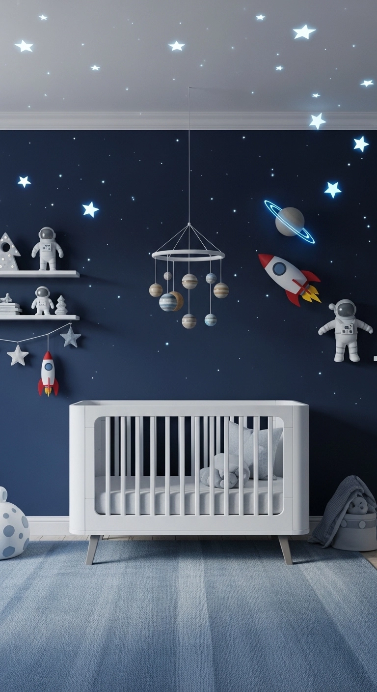 space themed baby nursery ideas for boys with navy walls, rocket decor and glowing star ceiling
