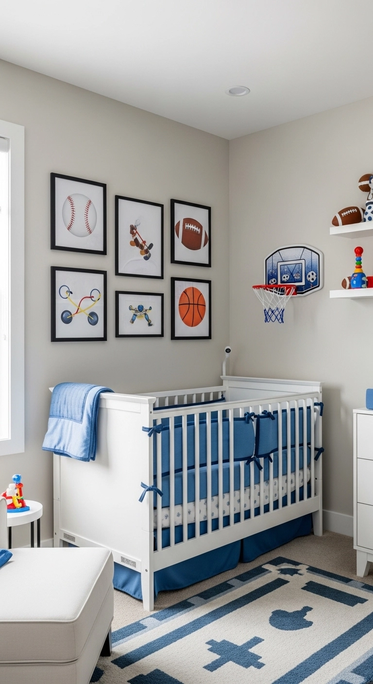 sports themed baby nursery ideas for boys with mini basketball hoop sports decor and blue bedding