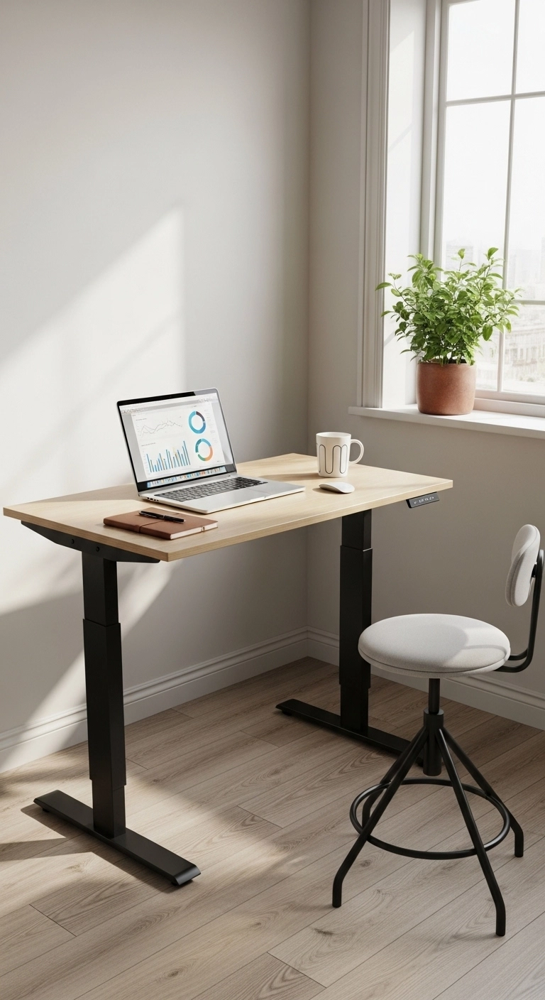 Small standing desk in a home office with laptop, coffee, stool, and natural lighting