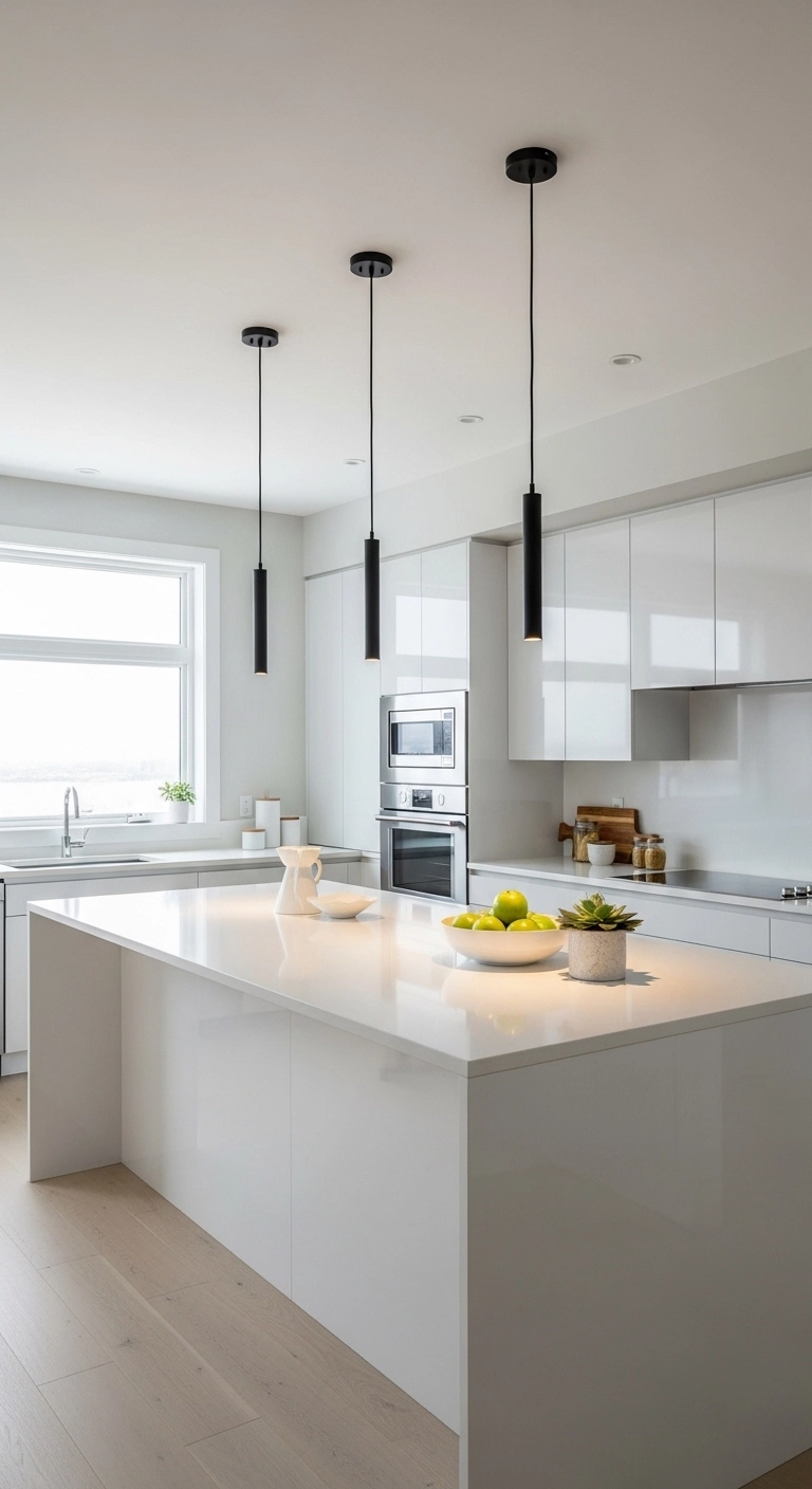 Black pendant lights over white kitchen island, black and white kitchen ideas